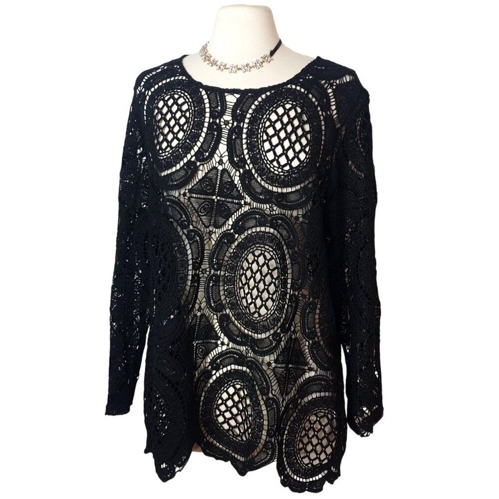 Cato Woman Plus Lace Top 18/20W Black Crochet Overlay Chic Preppy Layering Y2K